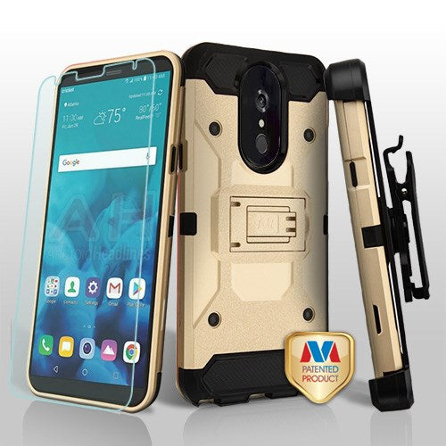 MyBat 3-in-1 Kinetic Hybrid Protector Cover Combo (with Black Holster)(Tempered Glass Screen Protector) for LG Stylo 4 / Stylo 4 Plus - Gold / Black