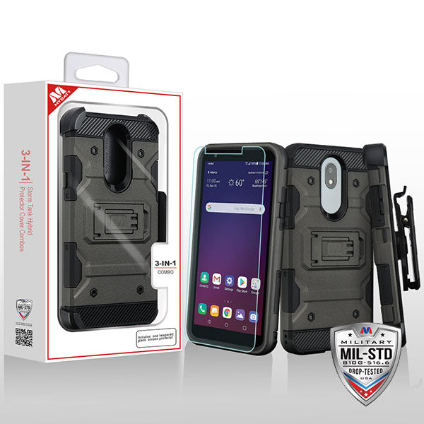 MyBat 3-in-1 Storm Tank Hybrid Protector Cover Combo (with Black Holster)(Tempered Glass Screen Protector)[Military-Grade Certified] for LG X320 (Escape Plus)/Tribute Royal / Prime 2 - Dark Grey / Black