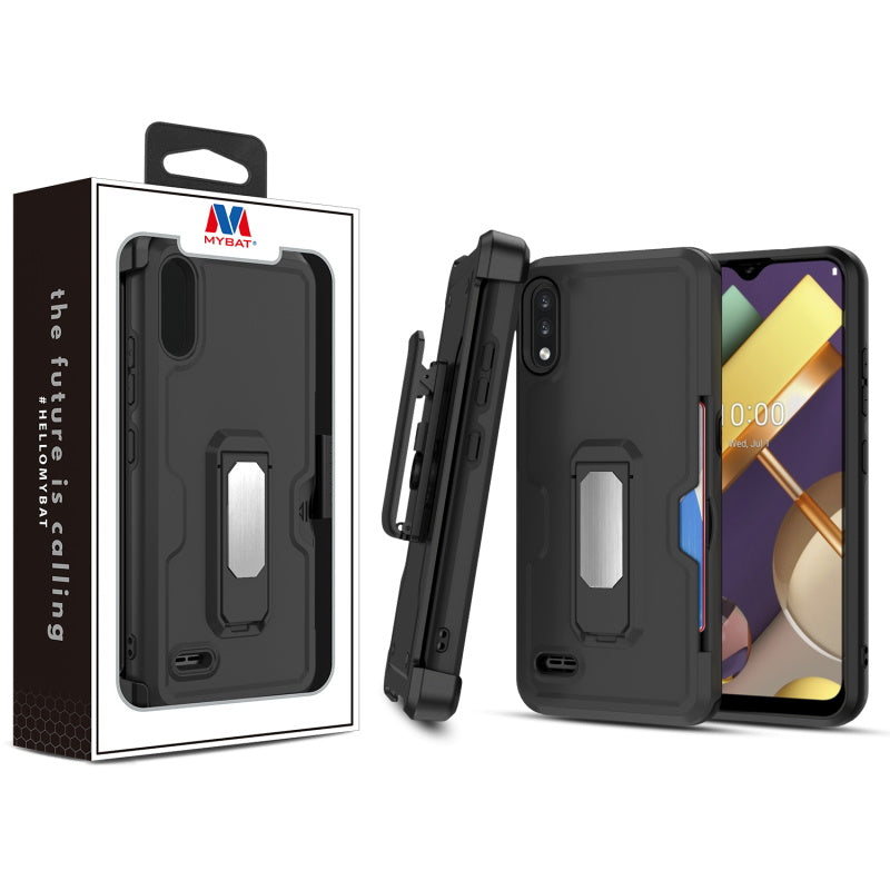 MyBat Grip Stand Protector Case Combo (with Black Holster)(with Card Wallet) for LG K22 - Black / Black