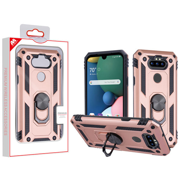 MyBat Anti-Drop Hybrid Protector Cover (with Ring Stand) for LG K31 (Aristo 5)/Fortune 3/Tribute Monarch / Phoenix 5 - Rose Gold / Black