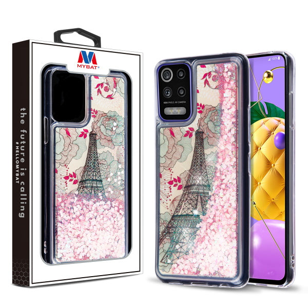 MyBat Quicksand Glitter Hybrid Protector Cover for LG K53 / K52 - Eiffel Tower & Pink Hearts