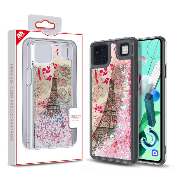 MyBat Quicksand Glitter Hybrid Protector Cover for Cricket Grand LG K92 5G - Eiffel Tower & Pink Hearts