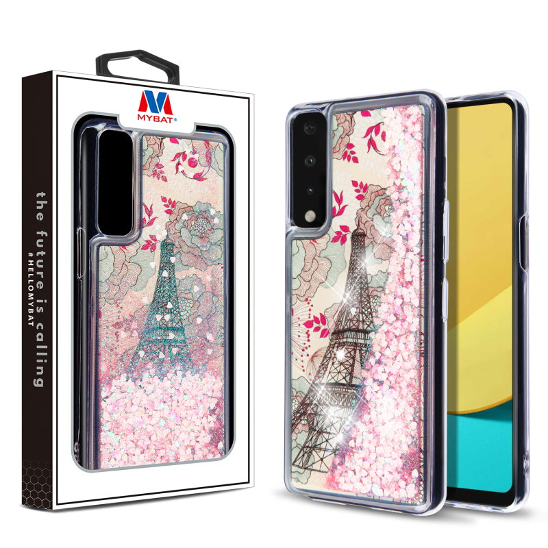 MyBat Quicksand Glitter Hybrid Protector Cover for LG Stylo 7 5G - Eiffel Tower & Pink Hearts