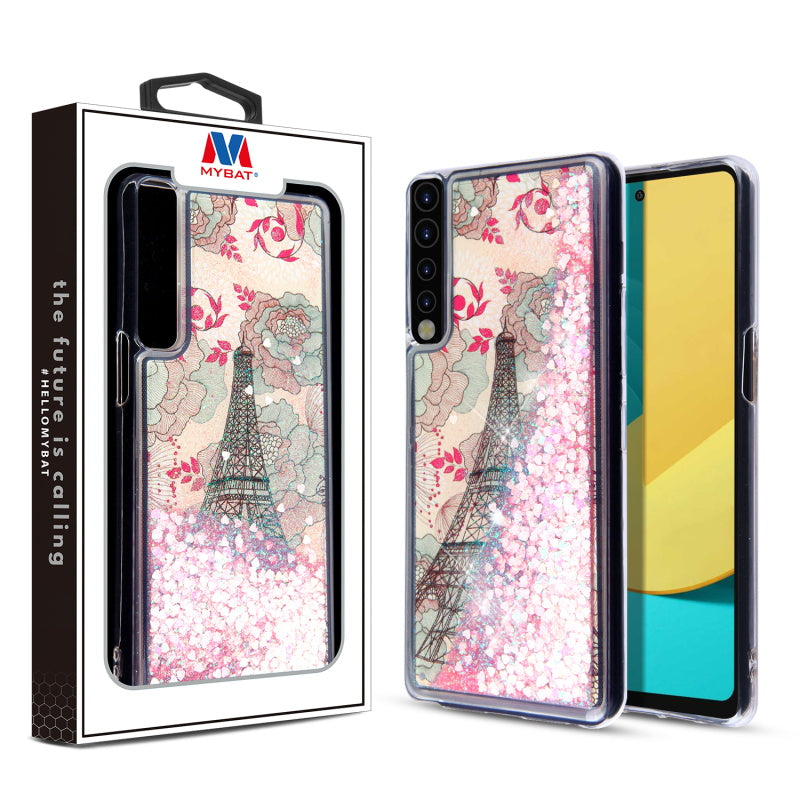 MyBat Quicksand Glitter Hybrid Protector Cover for LG Stylo 7 / FH50 - Eiffel Tower & Pink Hearts