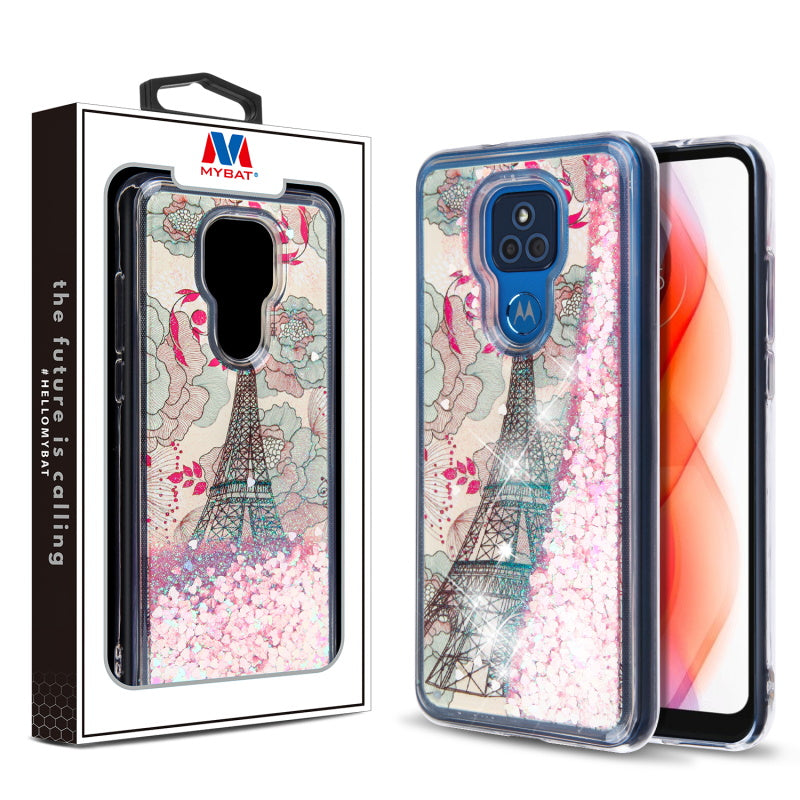 MyBat Quicksand Glitter Hybrid Protector Cover for Motorola Moto G Play (2021) - Eiffel Tower & Pink Hearts