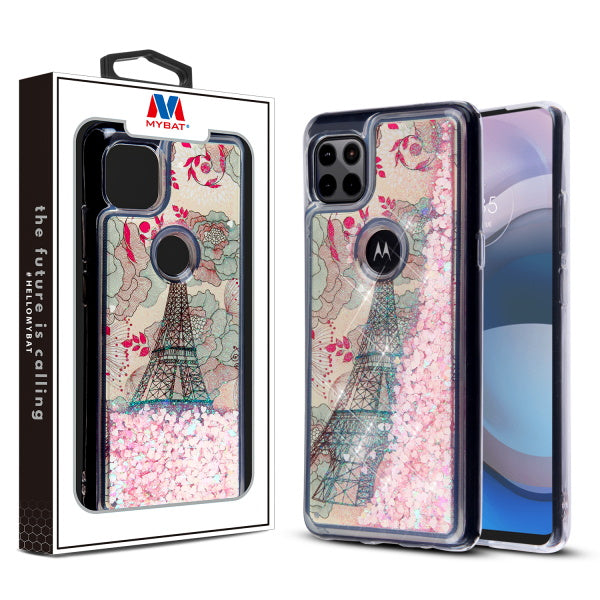 MyBat Quicksand Glitter Hybrid Protector Cover for Motorola one 5G ace - Eiffel Tower & Pink Hearts