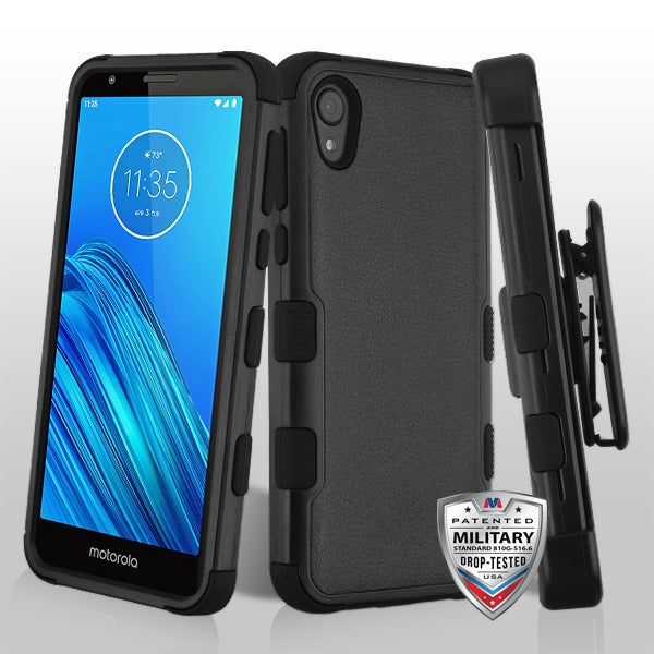 MyBat TUFF Hybrid Protector Case Combo [Military-Grade Certified](with Black Horizontal Holster) for Motorola Moto E6 - Natural Black / Black