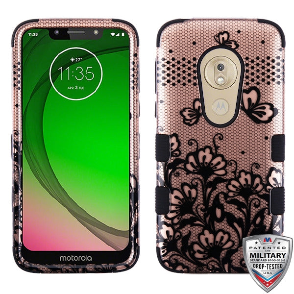 MyBat TUFF Series Case for Motorola Moto G7 Play Alcatel T-Mobile Revvlry - Black Lace Flowers (2D Rose Gold) / Black