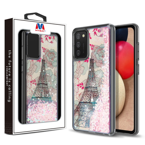 MyBat Quicksand Glitter Hybrid Protector Cover for Samsung Galaxy A02s - Eiffel Tower & Pink Hearts