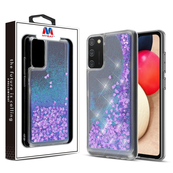 MyBat Quicksand Glitter Hybrid Protector Cover for Samsung Galaxy A02s - Hearts & Purple