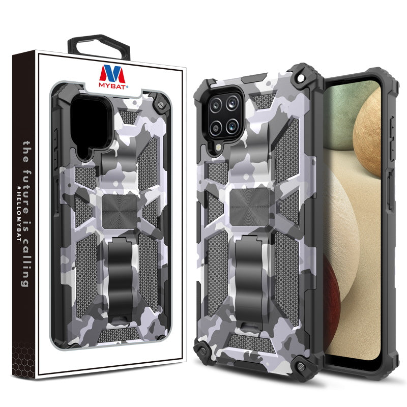 MyBat Sturdy Hybrid Protector Cover (with Stand) for Samsung Galaxy A12 5G - Gray Camouflage / Black