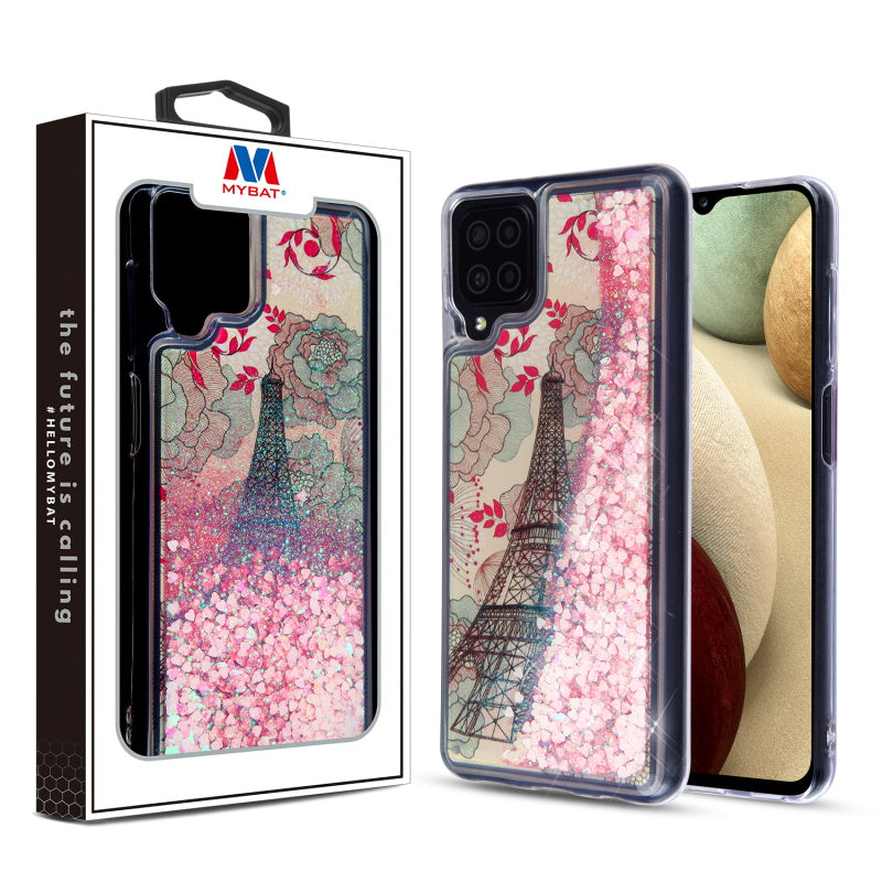 MyBat Quicksand Glitter Hybrid Protector Cover for Samsung Galaxy A12 5G - Eiffel Tower & Pink Hearts