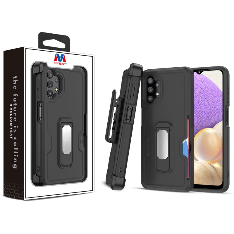 MyBat Grip Stand Protector Case Combo (with Black Holster)(with Card Wallet) for Samsung Galaxy A32 5G - Black / Black