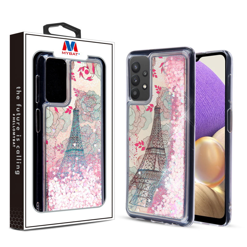 MyBat Quicksand Glitter Hybrid Protector Cover for Samsung Galaxy A32 5G - Eiffel Tower & Pink Hearts