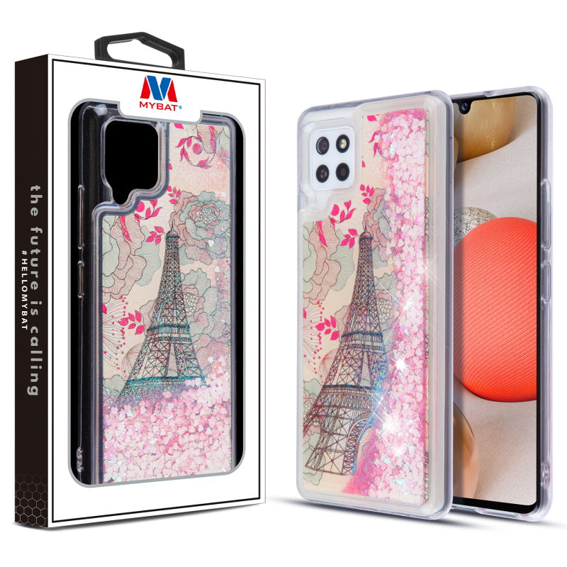 MyBat Quicksand Glitter Hybrid Protector Cover for Samsung Galaxy A42 5G - Eiffel Tower & Pink Hearts