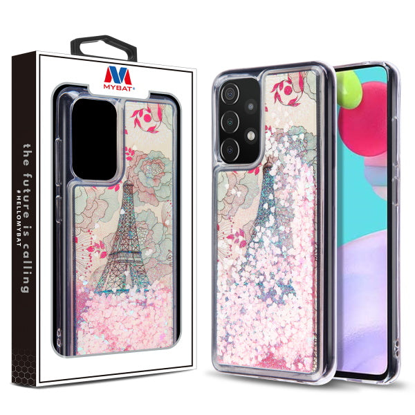 MyBat Quicksand Glitter Hybrid Protector Cover for Samsung Galaxy A52 5G - Eiffel Tower & Pink Hearts