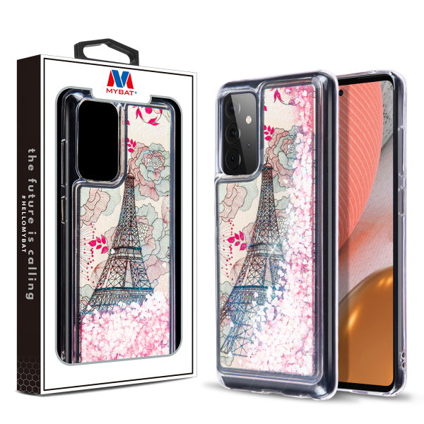 MyBat Quicksand Glitter Hybrid Protector Cover for Samsung Galaxy A72 5G - Eiffel Tower & Pink Hearts