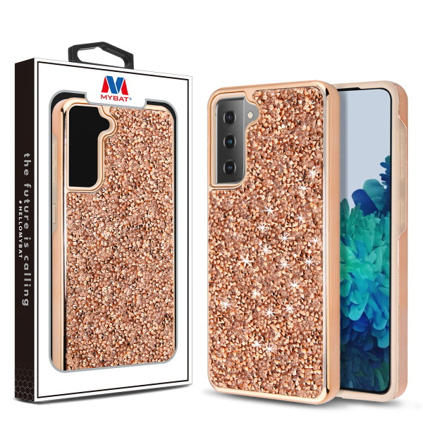 MyBat Encrusted Rhinestones Hybrid Case for Samsung Galaxy S21 - Electroplated Rose Gold / Rose Gold