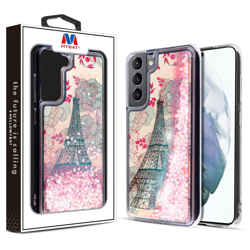 MyBat Quicksand Glitter Hybrid Protector Cover for Samsung Galaxy S21 Fan Edition - Eiffel Tower & Pink Hearts