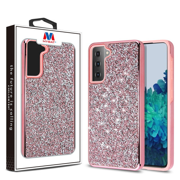 MyBat Encrusted Rhinestones Hybrid Case for Samsung Galaxy S21 Plus - Electroplated Pink / Pink