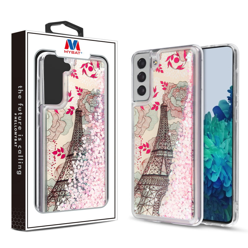 MyBat Quicksand Glitter Hybrid Protector Cover for Samsung Galaxy S21 Plus - Eiffel Tower & Pink Hearts