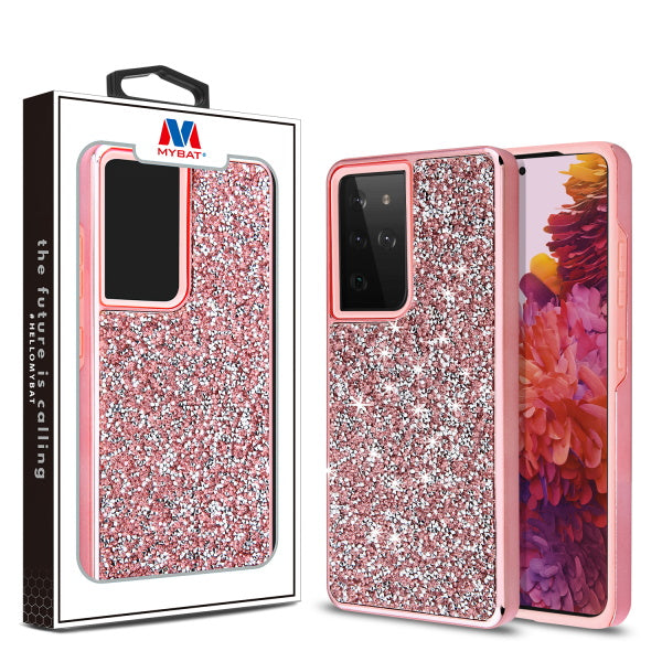 MyBat Encrusted Rhinestones Hybrid Case for Samsung Galaxy S21 Ultra - Electroplated Pink / Pink