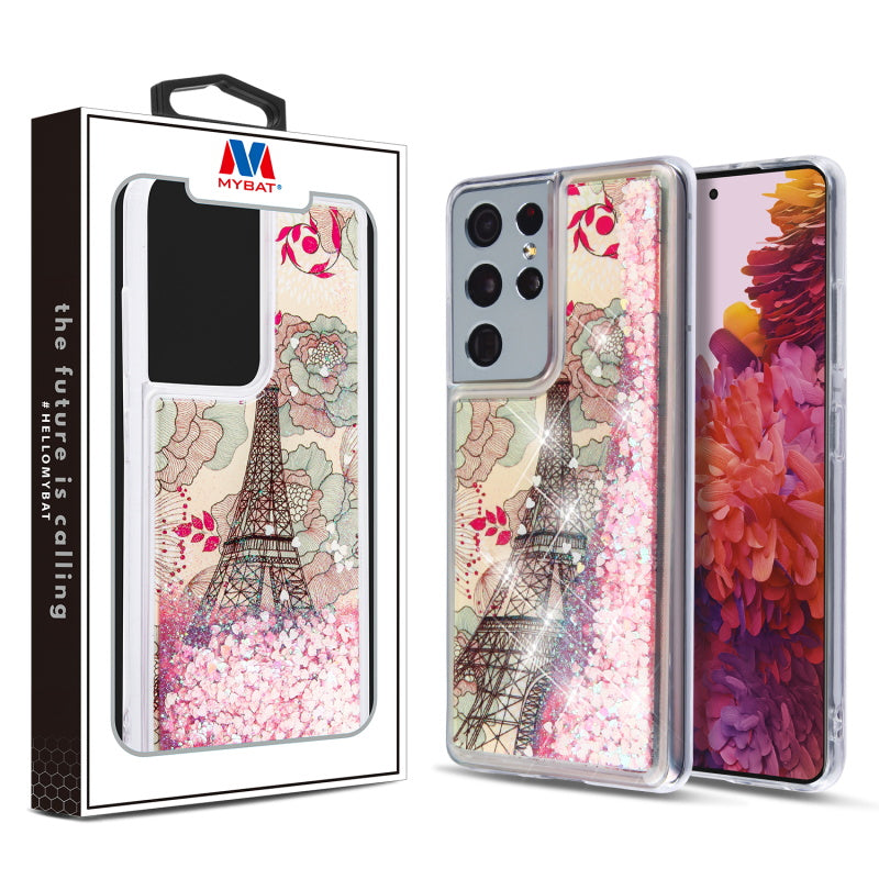 MyBat Quicksand Glitter Hybrid Protector Cover for Samsung Galaxy S21 Ultra - Eiffel Tower & Pink Hearts