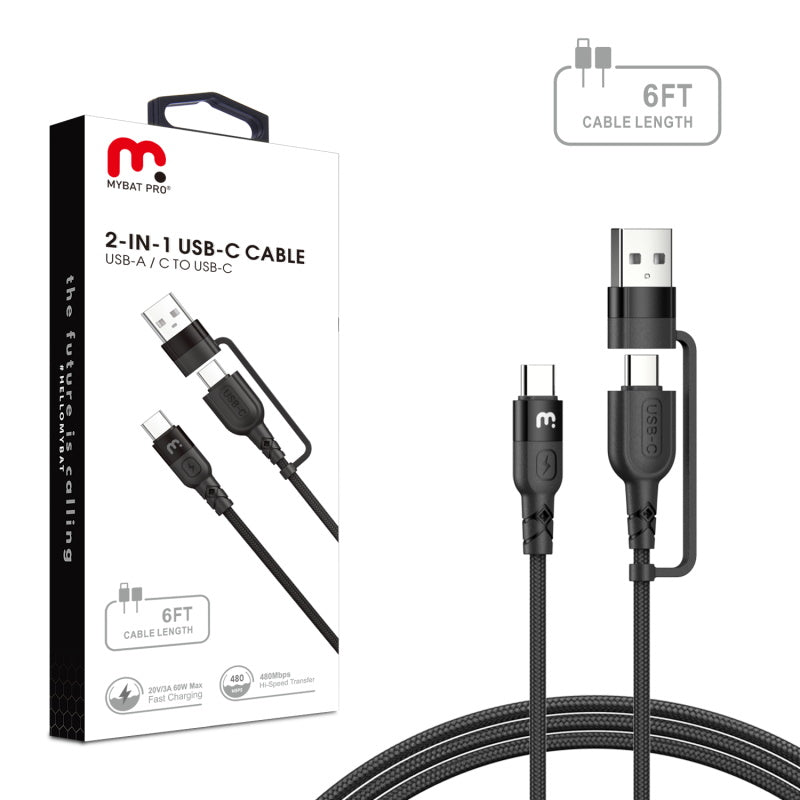 MyBat Pro 2-in-1 Quick Charging Cable 6 FT (USB-C to USB-C & USB-C to USB-A) - Black