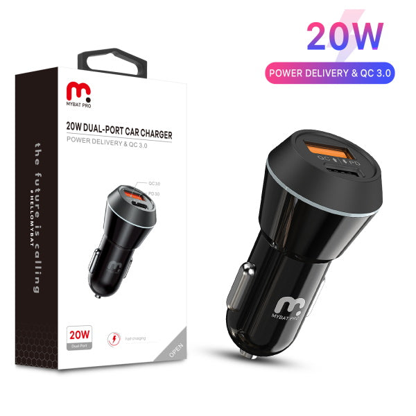MyBat Pro Fast Charging Car Charger with Dual Port USB-A QC3.0 and USB-C Power Delivery (20W) - Black