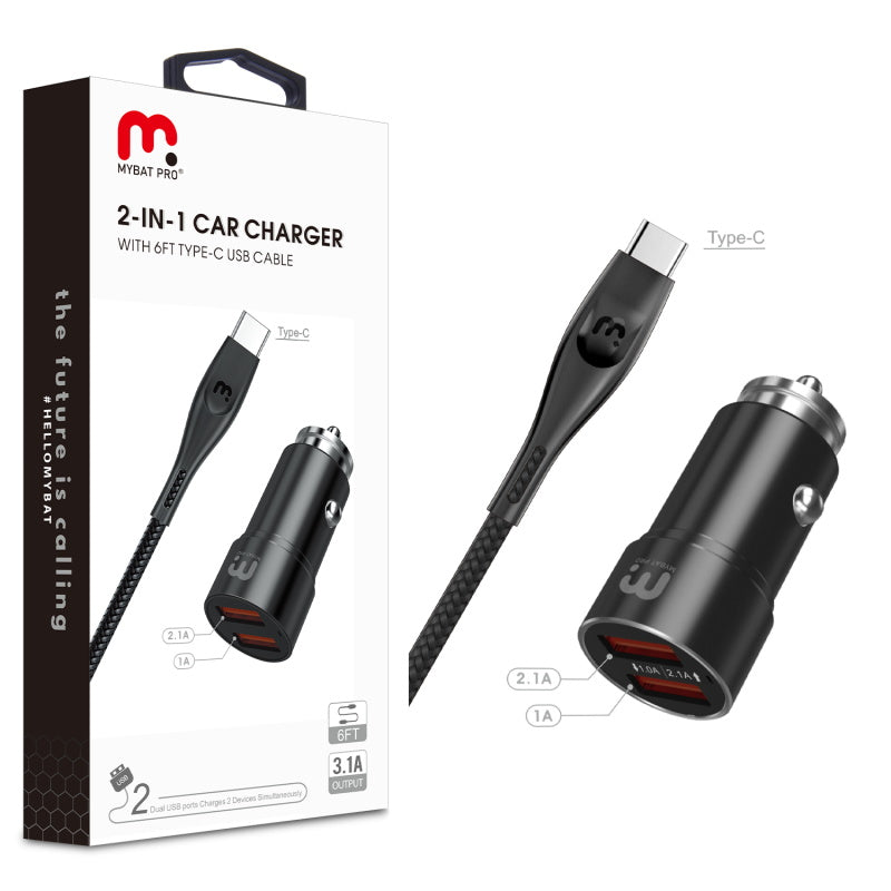 MyBat Pro 2-in-1 Car Charger with 6ft Type-C USB Cable - Black