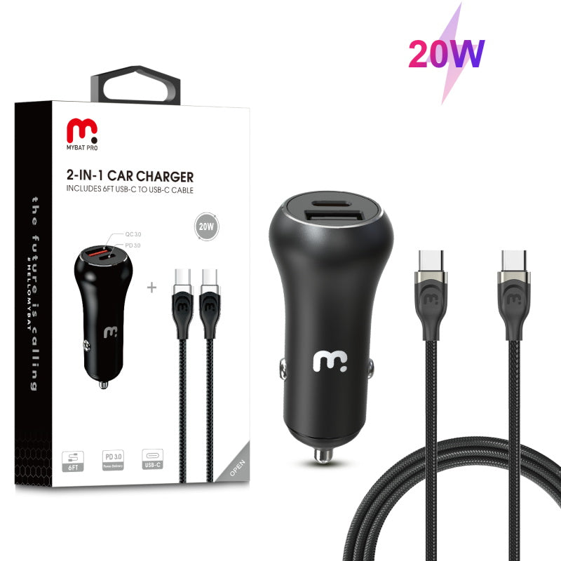 MyBat Pro Fast Charging Car Charger with Dual Port USB-A QC3.0 and USB-C Power Delivery (20W) + USB-C to USB-C Cable - Black