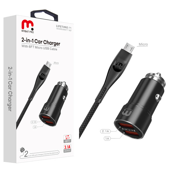 MyBat Pro 2-in-1 Car Charger with 6ft Micro USB Cable - Black