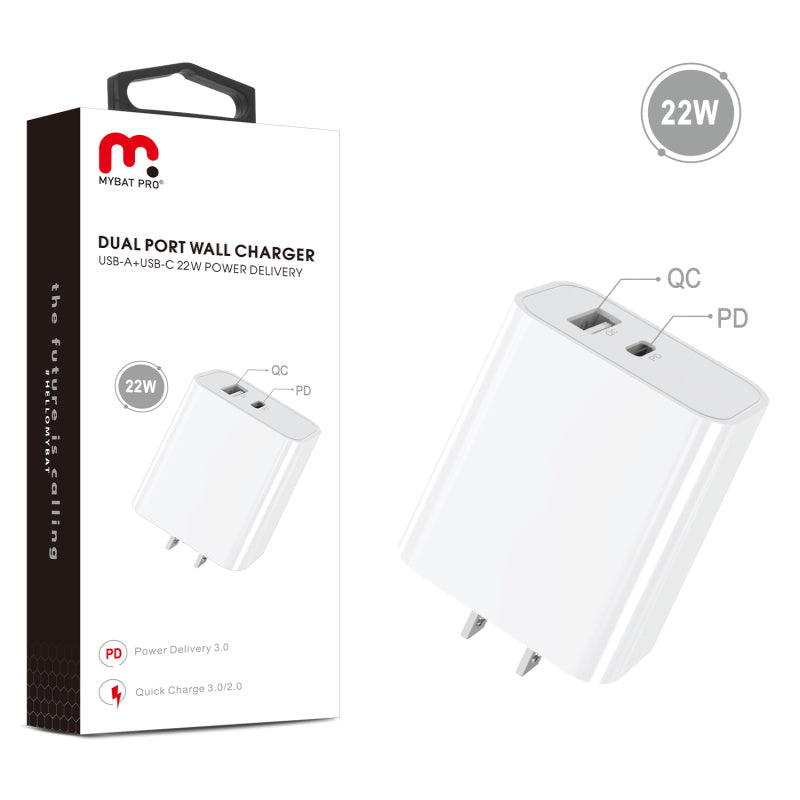 MyBat Pro Fast Charging Wall Charger with Dual Port USB-A QC3.0 and USB-C Power Delivery (22W) - White
