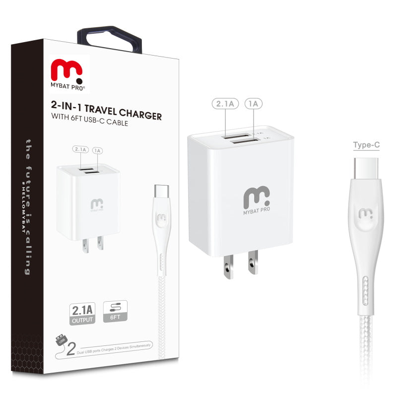 MyBat Pro 2-in-1 Travel Charger with 6ft Type-C USB Cable - White