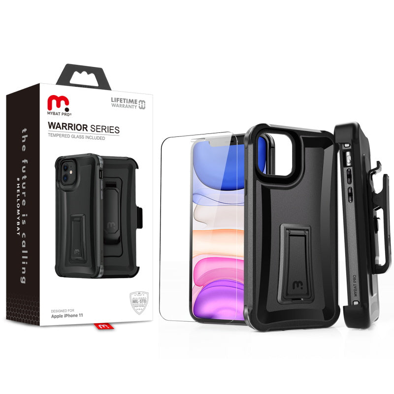 MyBat Pro Warrior Series Case with Holster and Tempered Glass for Apple iPhone 11 - Black