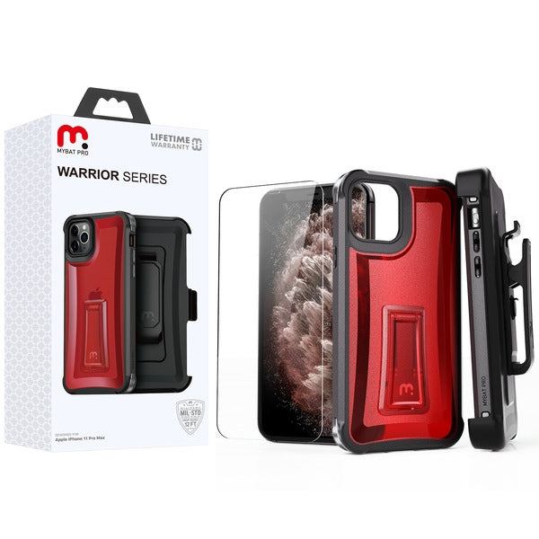MyBat Pro Warrior Series Case with Holster and Tempered Glass for Apple iPhone 11 Pro Max - Red