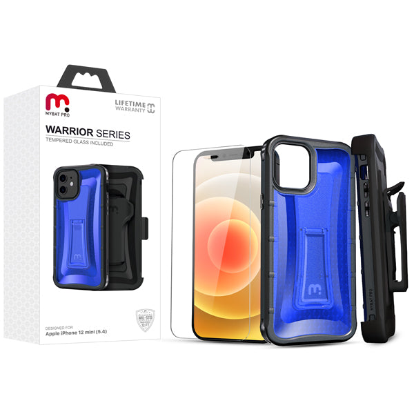 MyBat Pro Warrior Series Case with Holster and Tempered Glass for Apple iPhone 12 mini (5.4) - Blue