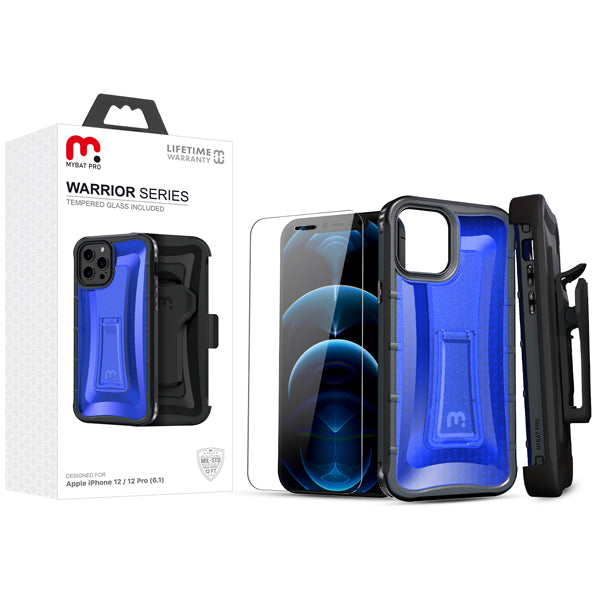 MyBat Pro Warrior Series Case with Holster and Tempered Glass for Apple iPhone 12 Pro (6.1) / 12 (6.1) - Blue