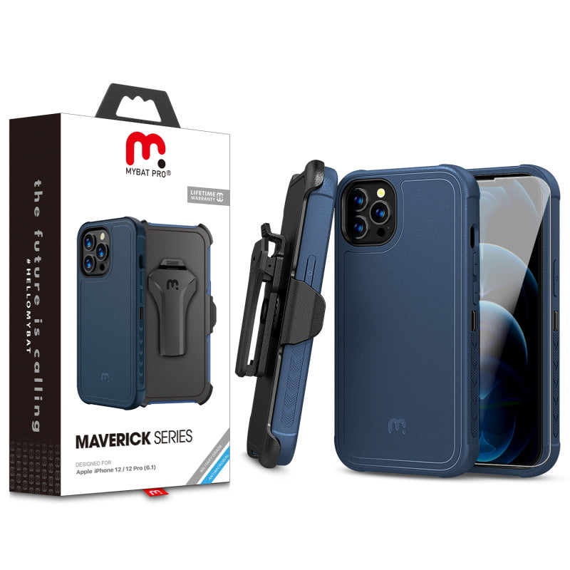 MyBat Pro Antimicrobial Maverick Series Case with Holster and Tempered Glass for Apple iPhone 12 Pro (6.1) / 12 (6.1) - Blue / Black