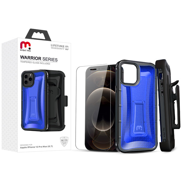 MyBat Pro Warrior Series Case with Holster and Tempered Glass for Apple iPhone 12 Pro Max (6.7) - Blue