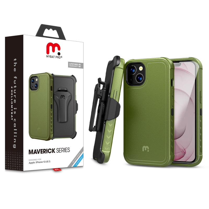 MyBat Pro Maverick Series Case with Holster and Tempered Glass for Apple iPhone 13 (6.1) - Army Green / Black