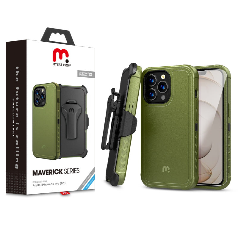 MyBat Pro Maverick Series Case with Holster and Tempered Glass for Apple iPhone 13 Pro (6.1) - Army Green / Black