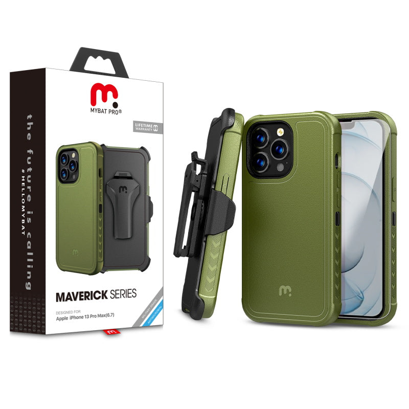 MyBat Pro Maverick Series Case with Holster and Tempered Glass for Apple iPhone 13 Pro Max (6.7) - Army Green / Black