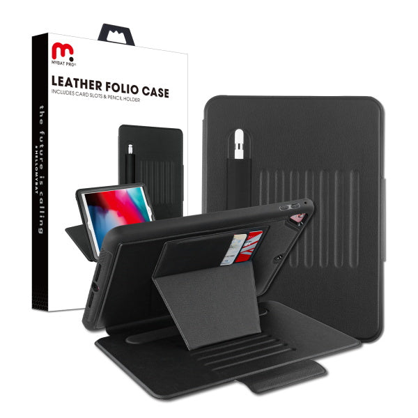 MyBat Pro Leather Folio Case Includes Card Slots & Pencil Holder for Apple iPad 9.7 (2017) (A1822,A1823)/iPad Pro 9.7 (A1673,A1674,A1675) / iPad 9.7 (2018) (A1954,A1893) - Black