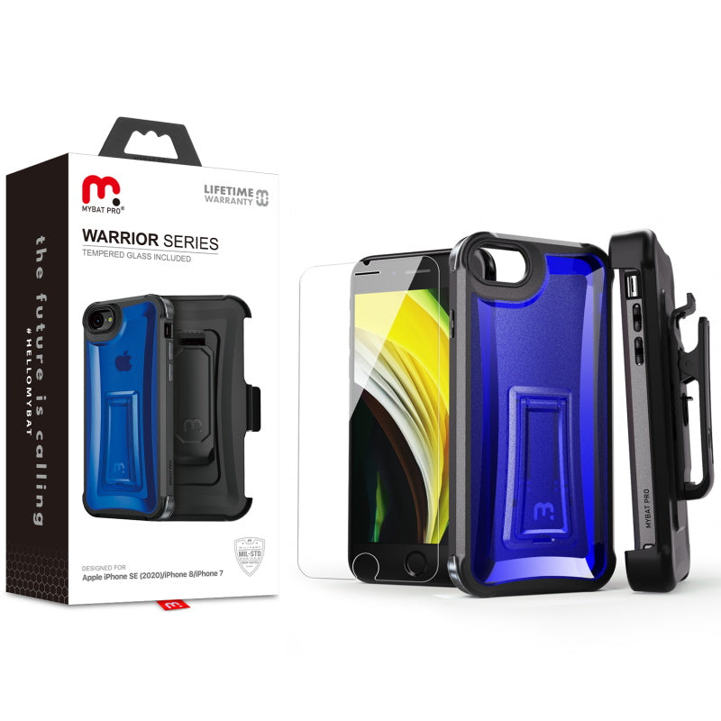 MyBat Pro Warrior Series Case with Holster and Tempered Glass for Apple iPhone SE (2020)/iPhone 8/7 / 6s/6 - Blue