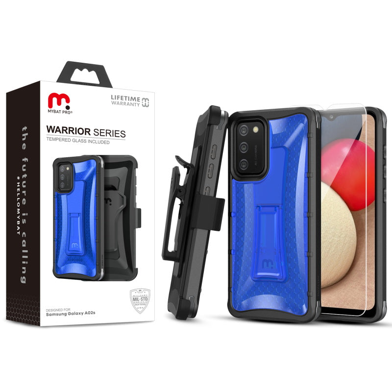 MyBat Pro Warrior Series Case with Holster and Tempered Glass for Samsung Galaxy A02s - Blue
