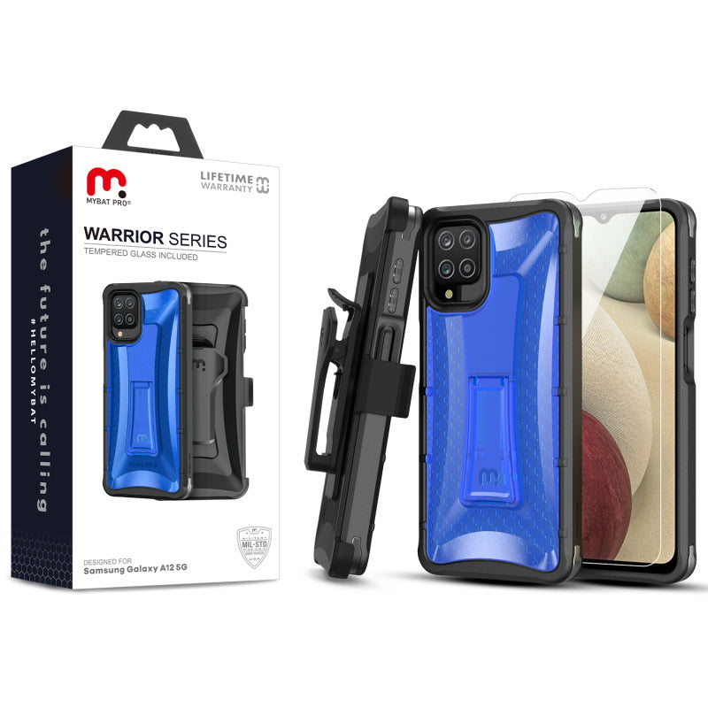 MyBat Pro Warrior Series Case with Holster and Tempered Glass for Samsung Galaxy A12 5G - Blue