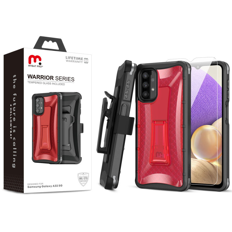 MyBat Pro Warrior Series Case with Holster and Tempered Glass for Samsung Galaxy A32 5G - Red