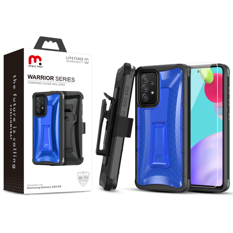 MyBat Pro Warrior Series Case with Holster and Tempered Glass for Samsung Galaxy A52 5G - Blue