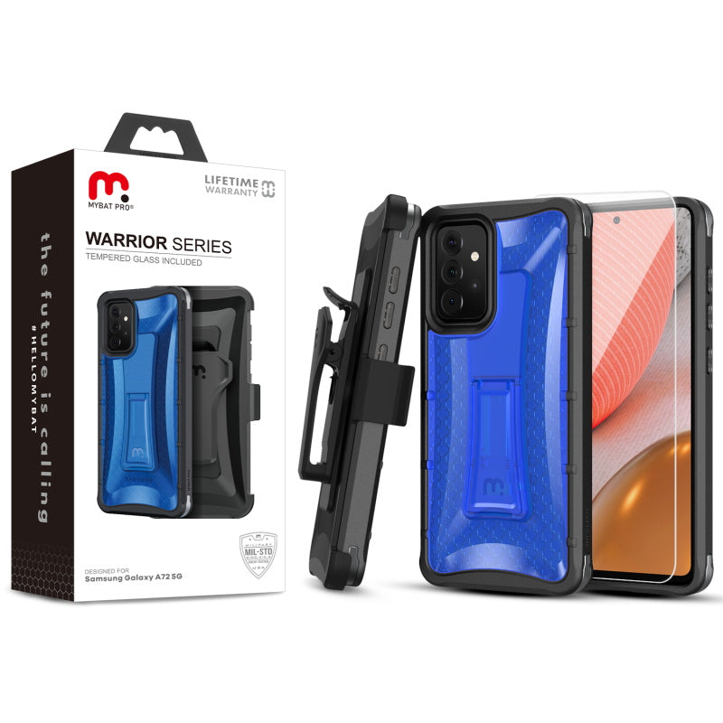 MyBat Pro Warrior Series Case with Holster and Tempered Glass for Samsung Galaxy A72 5G - Blue